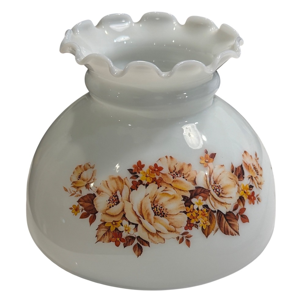 Vintage Milk Glass Hurricane Lamp Shade Ruffled Rim Yellow Brown Floral Rose
